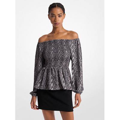 Michael Kors Snake Print Satin Back Crepe Off-The-Shoulder Blouse Black L