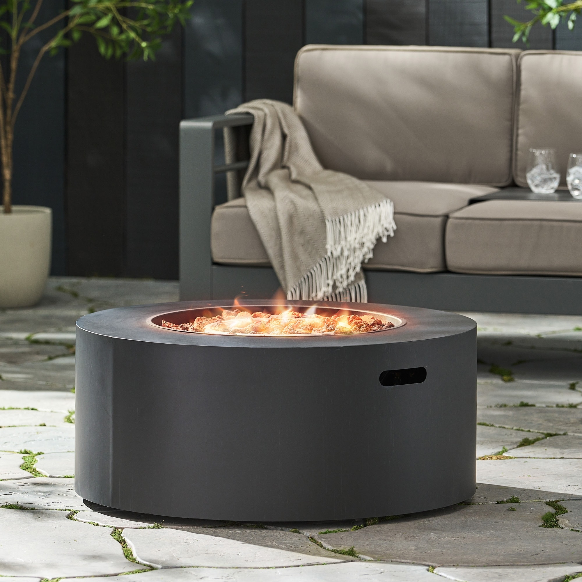 32 in. W x 32 in. D x 13.5 in. H Iron Propane Burning Round Outdoor Patio Fire Pit in Dark Grey