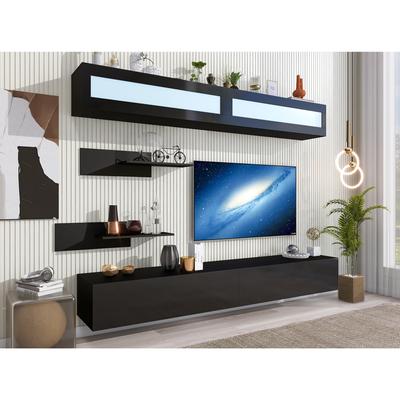 Floating Entertainment Center with 16-Color LED Lights, Wall Cabinets & Shelves