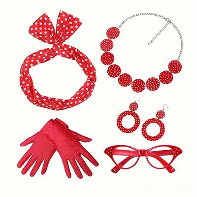 TEMU 1950s Retro Costume Accessory Set For Women - Includes Fashion Glasses, Headscarf, Gloves, Necklace & Earrings - Perfect For & Themed Parties