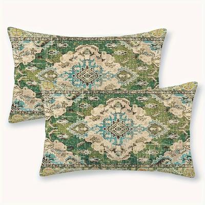 TEMU 2pcs Chic Linen Pillow Covers 12x20 Inch - Vintage , Zip Closure, Machine Washable - Home & Outdoor Decor