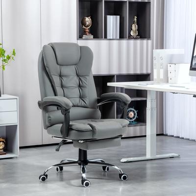 TEMU Executive Office Chair, Pu Leather Home Office Chair With Swivel Wheels, Reclining Backrest, Retractable Footrest, Grey