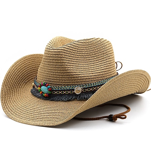 Herren Strohhut Sonnenhut Cowboy-Hut Fedora-Trilby-Hut Schwarz Weiß Strohseil Vintage-Stil Modisch 18. Jahrhundert Bundesstaat Texas Täglich Kostümparty Solide / einfarbig Sonnenschutz Cosplay Image