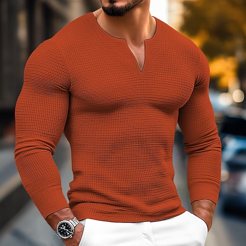 Herren Waffelhemd T Shirt T-Shirt Langarmshirt Langarm V Ausschnitt Frühling Herbst Einfach Mode Designer Basic V-Ausschnitt Urlaub Straße Ausgehen Schwarz Weiß Grau Top T-Shirt für Herren Image
