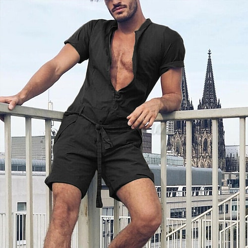 Herren Trainingsanzug Overall Jogginganzug Einteilig Halber Reißverschluss Einfarbig Sportbekleidungsset Sommer Frühling Schwarz Grün Fitnesstraining Joggen Laufen Weich Atmungsaktiv Kurzarm Sport Image