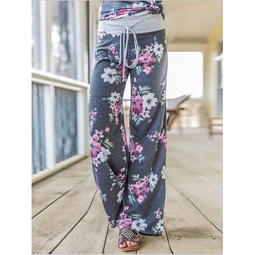 Damen Weites Bein Chinos Mode Streetwear Volle Länge Hohe Taille Blumen Tasche Elastischer Bund Drucken Bequem Weich Mikroelastisch Outdoor Straße Blau Schwarz Grau Frühling Herbst Normale Passform Image