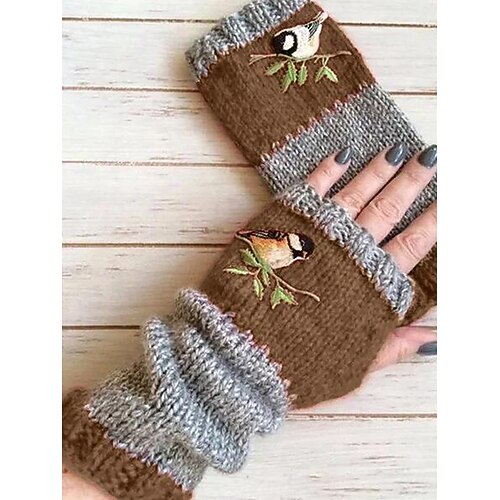 handgestrickte fingerlose Handschuhe mit Vogelstickerei - kuschelige Winterhandschuhe für Damen, warme Armstulpen aus gestrickter Wolle Image
