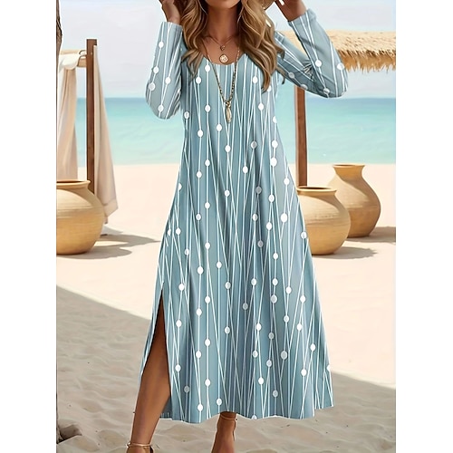 Damen Midikleid Gepunktetes Kleid Punkt Klassisch B¨¹ro Täglich Gespleisst Langarm Rundhalsausschnitt Kleid Regular Fit Hellhimmelblau Herbst S M L XL XXL Image