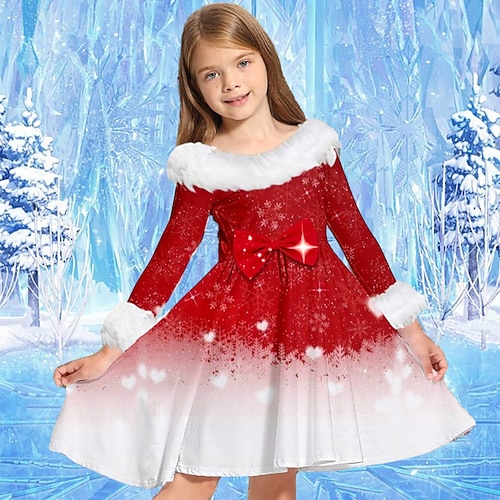 kinderkleidung Mädchen Kleid Schneeflockenkleid Schneeflocke Langarm Party Casual Pelzkragen Rundhalsausschnitt bezaubernd Täglich Polyester Übers Knie Casual kleid Schaukelkleid A Linie Kleid Herbst Image