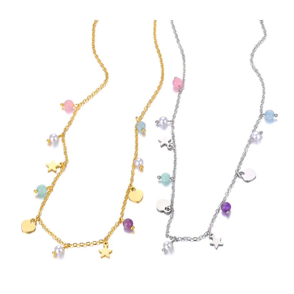 Naturstein perlen hand gefertigte Kette Edelstahl Halskette für Frauen vergoldet Herz Stern Charme Schmuck an23014 Image