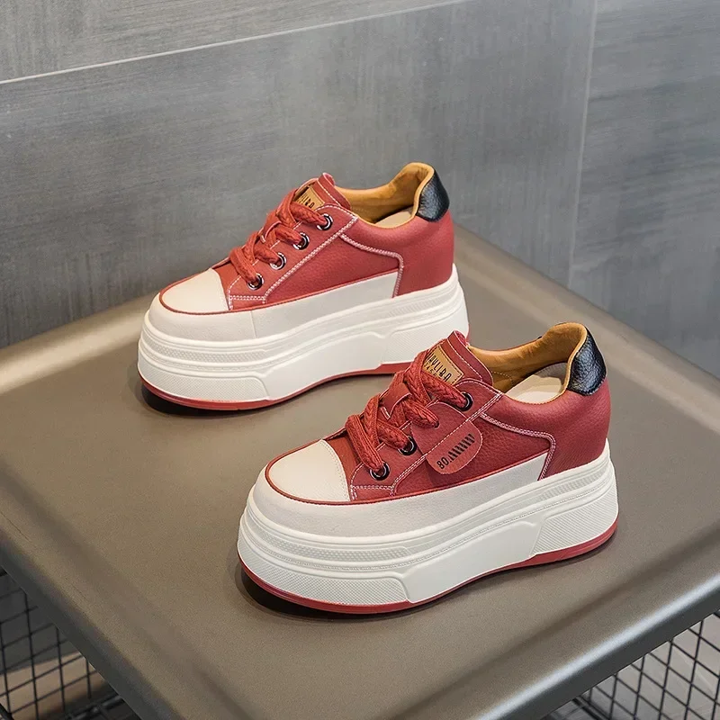 9cm Echtes Leder Plattform Turnschuhe Keil Schuhe für Frauen Atmungsaktive Turnschuhe Herbst Casual Schuhe Versteckte Ferse Zapatillas Mujer