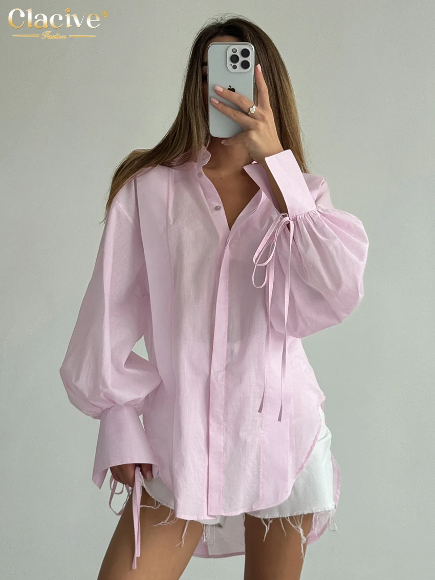 Clacive Mode Lose Rosa Baumwolle Frauen Shirts 2024, Casual Revers Langarm Bluse Elegante Klassische Spitze-Up Top Weibliche kleidung