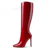 LAIGZEM Frauen Kniehohe Stiefel Side Zip Up Glänzenden Spitz 12CM-13CM Stiletto High Heels Damen schuhe Frau Große Größe 39 42 43