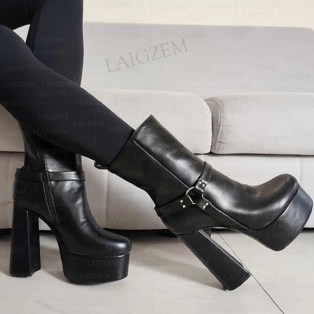 LAIGZEM Frauen Stiefeletten Plattform Runde Kappe Starke High Heels Side Zip Up Kurze Booties Unisex Schuhe Frau Große Größe 41 44 46 52