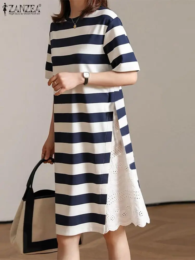 ZANZEA Frauen Spitze Nähte Kleid Beiläufige Lose Streifen Gestrickte Sommerkleid Mode Sommer Kurzarm Robe Urlaub Oansatz Vestidos Image