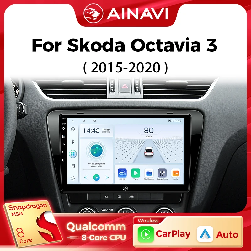 Ainavi auto multimedia player für skoda octavia 3 2014 2015 2016 2017 2018 2019 drahtloses carplay android auto 4g wifi 2din Image