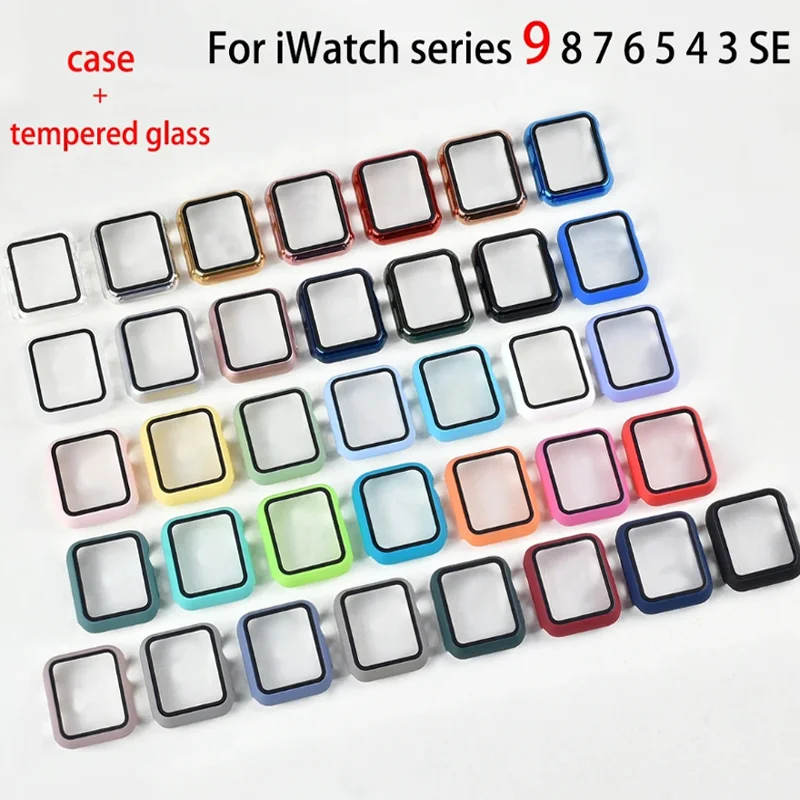 Gehärtetes Glas + Abdeckung für Apple Watch 9 8 7 41 mm 45 mm PC-Stoßstangen-Displayschutzhülle iWatch Serie 7 6 5 4 SE2 40 mm 44 mm 38–42 mm Image