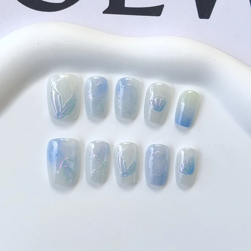 10 Stück kurze T-blaue Meerjungfrau Katzenauge handgemachte Press on Nail Falsche Nägel Quadratischer Kopf Mädchen Dame tragbare abnehmbare Nagelspitzen Image