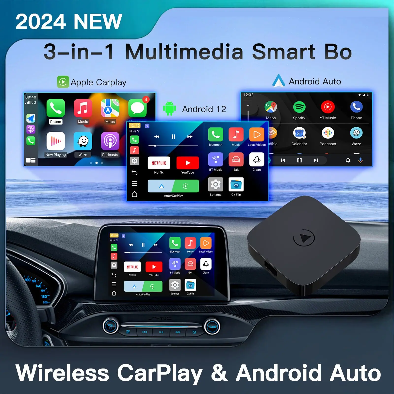Wireless Apple Carplay Android 12 Auto Ai Box Adapter 2GB 16GB Smart Youtube Netflix TV Auto Wiedergabe für alle OEM Wired Carplay Image