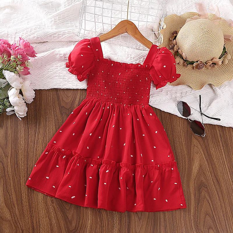 Kleid Kinder Mädchen 4-6 Jahre Baby Dopamin Farbe Punkt geraffte Mieder geschwollene Ärmel Kleid lässig täglich Sommer Kinder Prinzessin Kleid Image