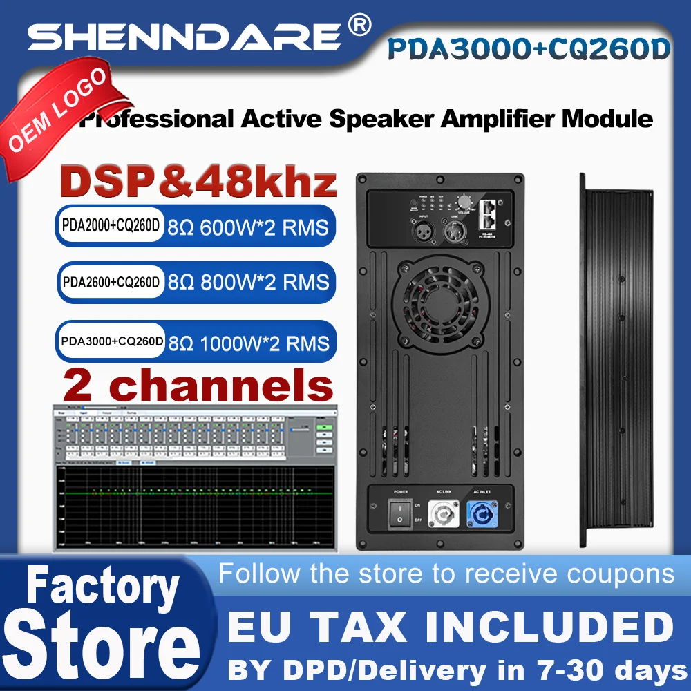 ShennDar PDA3000+CQ260D Professioneller DSP 48 KHz mit PC-Software-Steuerung, digitaler Leistungsverstärker, 2 x 1000 W, 8 Ohm, aktives Lautsprecherverstärkermodul, Line-Array-Lautsprecher, Image