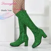 Grüner Glitzer 7 cm klobige Absätze 1960er 70er Retro Gogo Stiefel Kostüme Cosplay kniehohe GO GO Stiefel Damenschuhe Plus Größe EU46