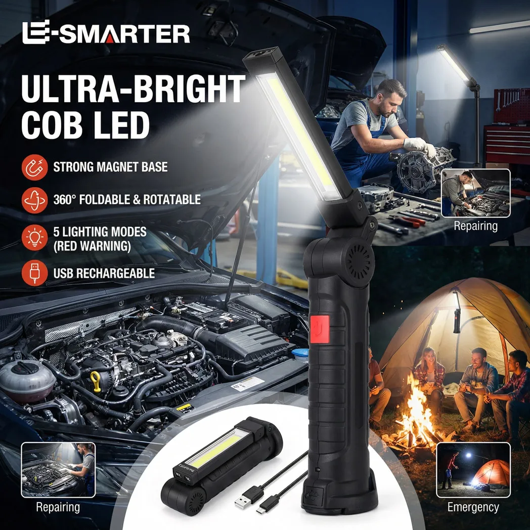 COB LED Klapp Taschenlampe Tragbare Magnetische Arbeit Licht Laterne USB Aufladbare Notfall Reparatur Camping Taschenlampe Lampe Mit Haken Image