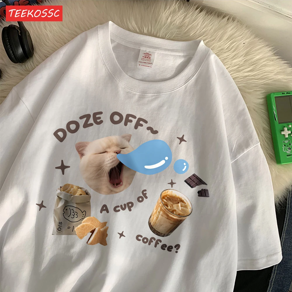 Trend Baumwolle Frauen T-Shirts schläfrige Katze amerikanische Retro niedlich bedruckte Streetwear weiche atmungsaktive übergroße Sommer weibliche Kleidung Image