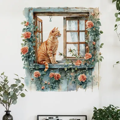 Cartoon Katze Fenster Wand Aufkleber Wohnzimmer Sofa Hintergrund Dekoration Tapete Für Wohnkultur Kinderzimmer Kunst Aufkleber M984 Image