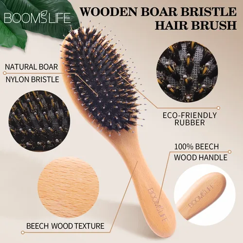 Custom Boar Bristle Hair Brush Women Hair Anti-Static Scalp Massage Comb Wood Hair Brush for Curly Thick Long Hair Detangler