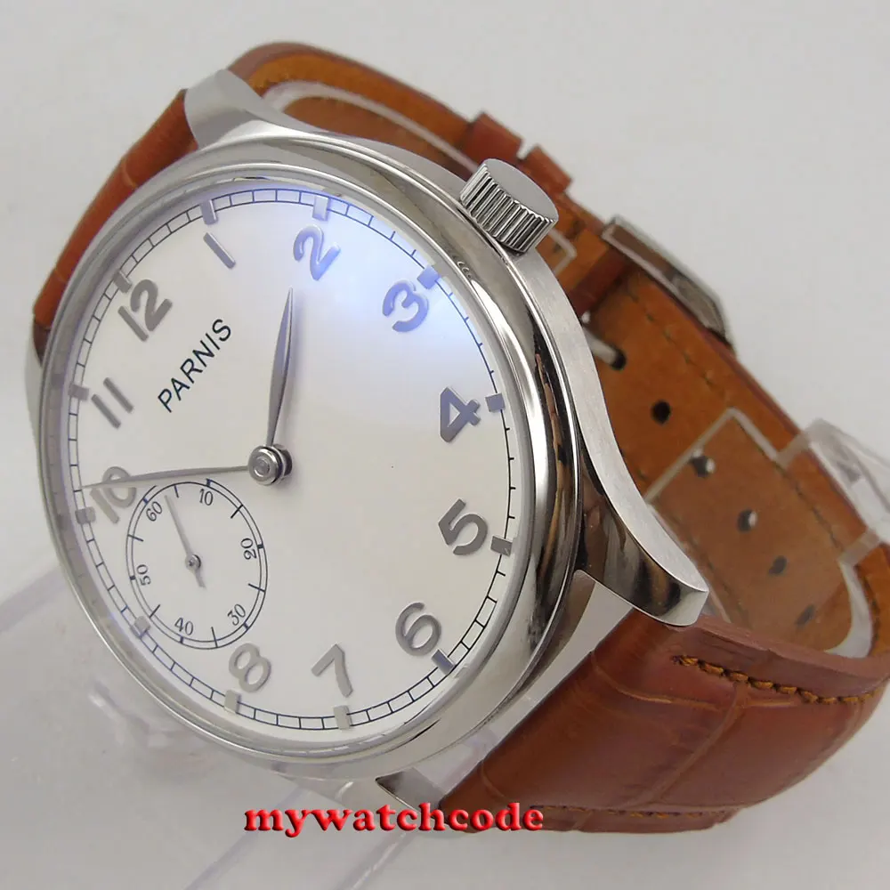 44mm Parnis Weißes Zifferblatt Silber Marks Handaufzug 6497 Bewegung Herren Uhr P28B Image