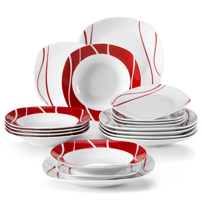 MALACASA Series Felisa 18-Piece Red Stripes Porcelain Dinner Set with 6*Dessert Soup Dinner Plates Service For 6person