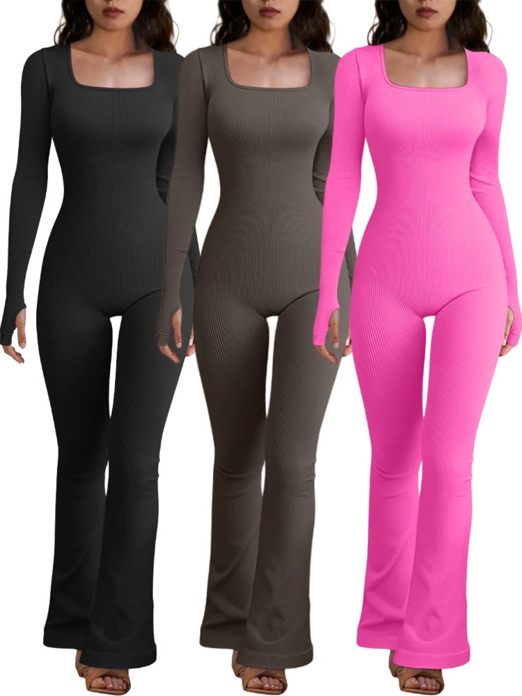 Herbst Winter Lange Ärmeln Overall frauen Sexy Square Neck Bodycon einteiliges Overall Sport Casual Streetwear Overalls Image