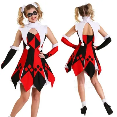 Halloween Clown Harley Kostüme Frauen Böser Clown Criminal Quinn Cosplay Outfits Zirkus Clown Performance Kleid Karneval Dress up Image
