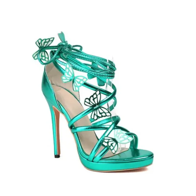 2025 Sexy elegante offene Zehen-Damen-Sandalen mit Kreuzriemen, Party, dünner Stiletto-Absatz, große Größe, 46 47 48 49 50, Silber, Grün, Rot, 37, 38, 39
