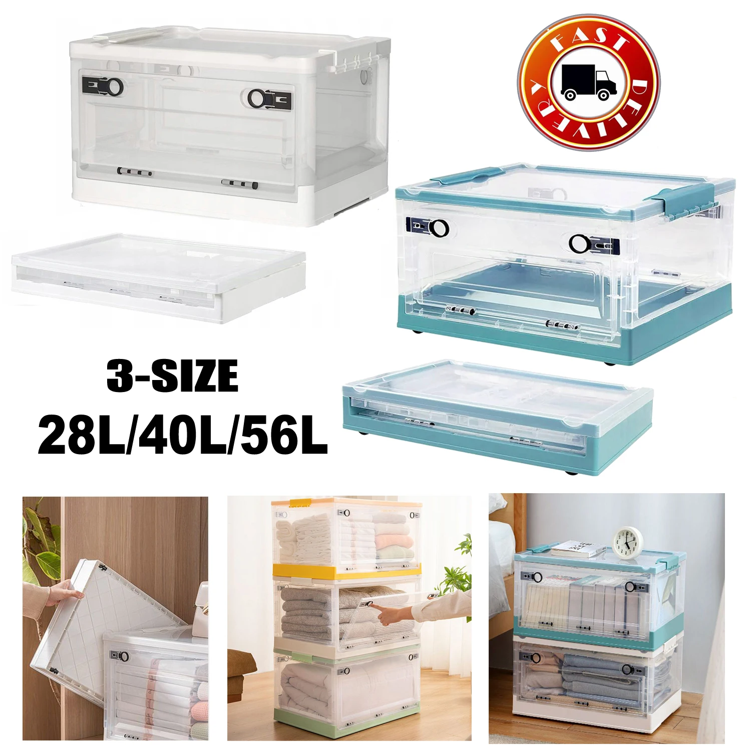 Kunststoff-Aufbewahrungsbox mit Deckel, 28 l/40 l/56 l große Aufbewahrungsbehälter mit Deckel, Kunststoff-Tragetasche für Zuhause/Schlafzimmer/Küche/Büro/Reisen