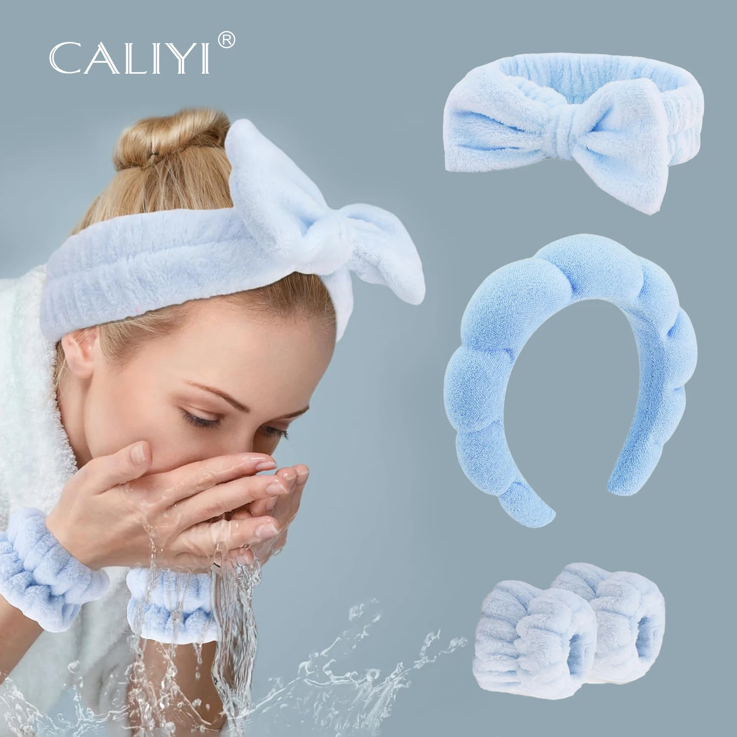 Caliyi 4pcs Spa Stirnbänder Make-up Gesicht waschen Hautpflege-Tools Haarschmuck mit blauen Schwamm Fliege Armbänder Image