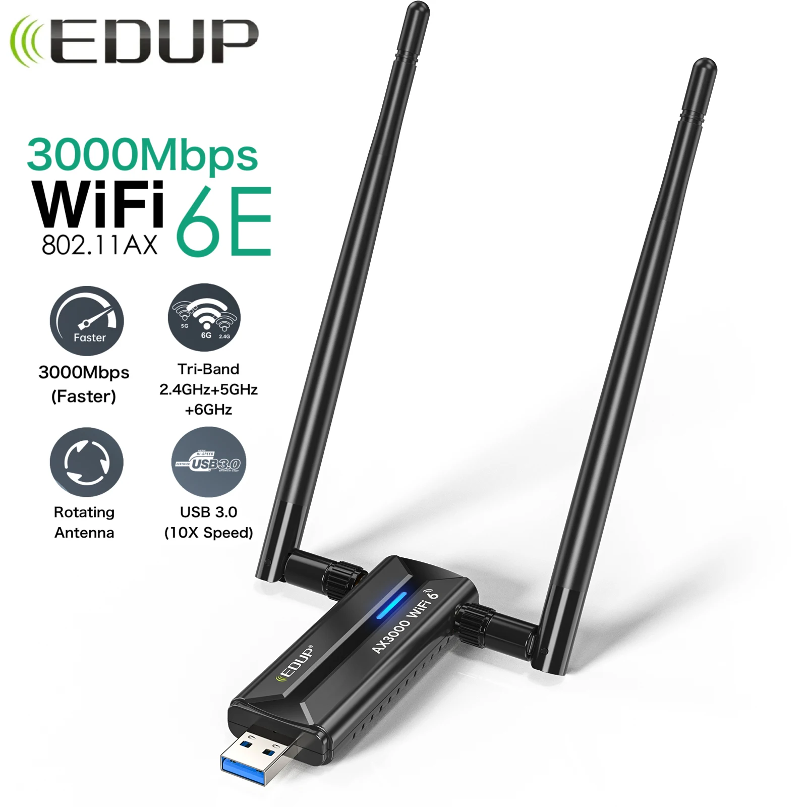 EDUP AX1672 3000Mbps WiFi 6E USB 3.0 WLAN-Adapter Tri-Band 2.4G/5G/6G Hochleistungsantenne Drahtlose Netzwerkkarte für Win 11/10 Image