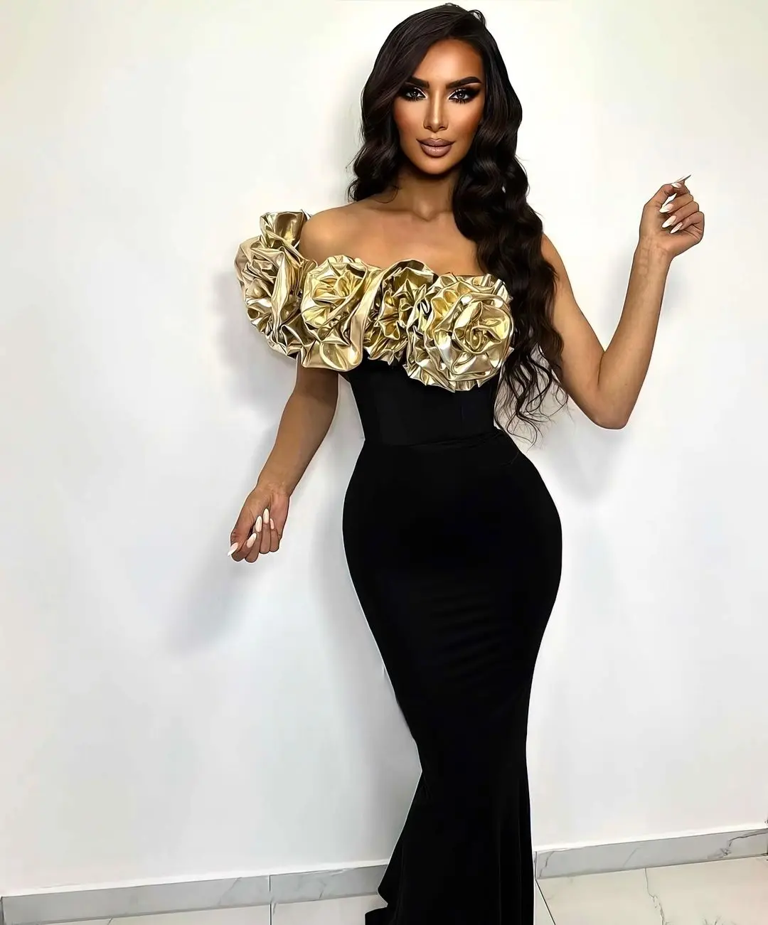 Promi Roter Teppich Kleid Gold Blumen Frauen Sexy Liebsten Weg Von der Schulter Bodycon Verband Langes Kleid Nachtclub Party Vestido Image
