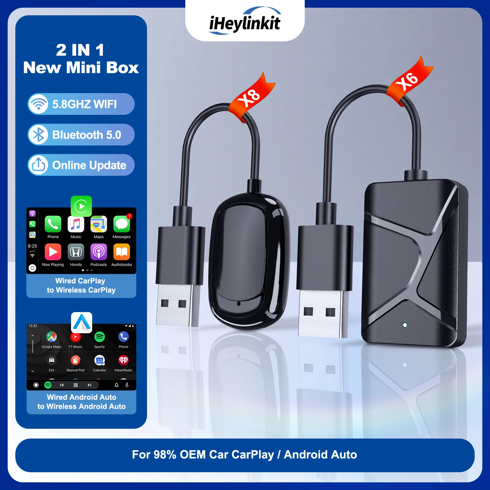 iHeylinkit Neuer 2-in-1-Wireless-CarPlay-Adapter und kabelloser Android-Auto-Adapter, automatische Verbindung, Plug&Play-Typ-C/USB für Radio Image