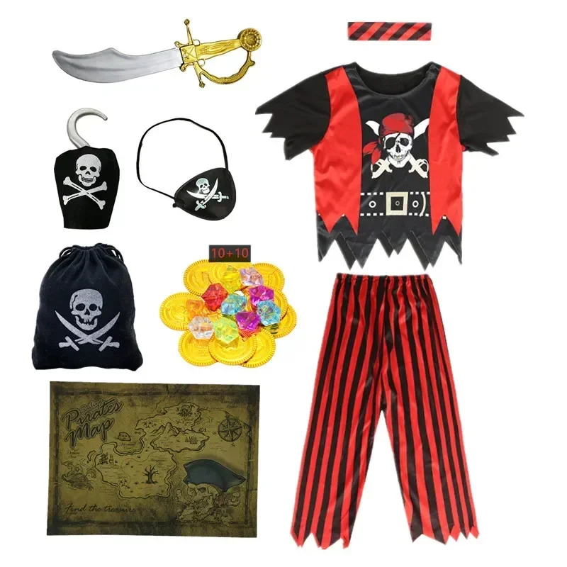 Kinder Piraten Schädel Dress Up Kostüm Gedruckt Gestreiften Top Hosen Set Anime Cartoon Kapitän Jack Halloween Cosplay Piraten Spielzeug Geschenk Image