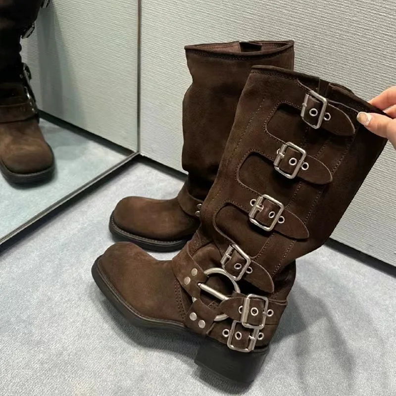 Punk Frau Verschluss Schnalle braun Wildleder Knies tiefel Seite Metalls chn allen Motorrads tiefel Frauen Square Toe Lady Reitstiefel