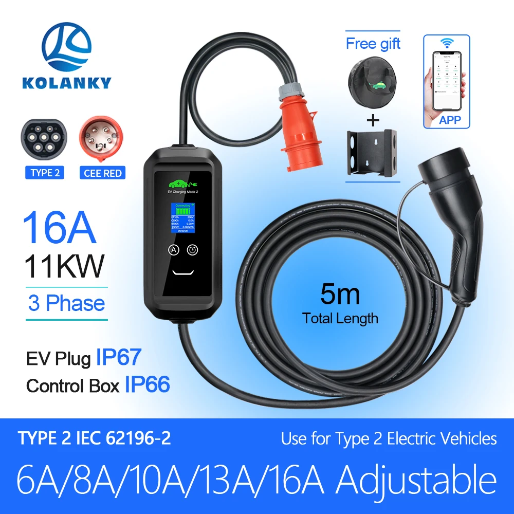 Kolanky 11kw 16a 3p tragbares ev ladegerät wallbox wall mount iec 62196 type2 stecker tuya app wifi laden elektro fahrzeug kabel 5m Image