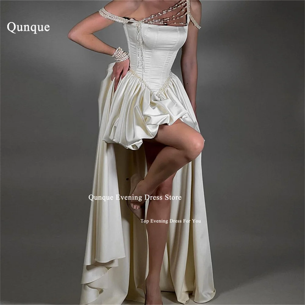 Qunque Kurze Satin-Brautkleider, abnehmbare Schleppe, Brautkleider, modernes Brautkleid, luxuriöse Perlen, Robes De Mariée, individuell gestaltet Image