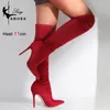 Rote Stiletto Oberschenkel Stiefel T-Show Modell Schuhe Mode Winter spitze Zehen Stiefel rotes