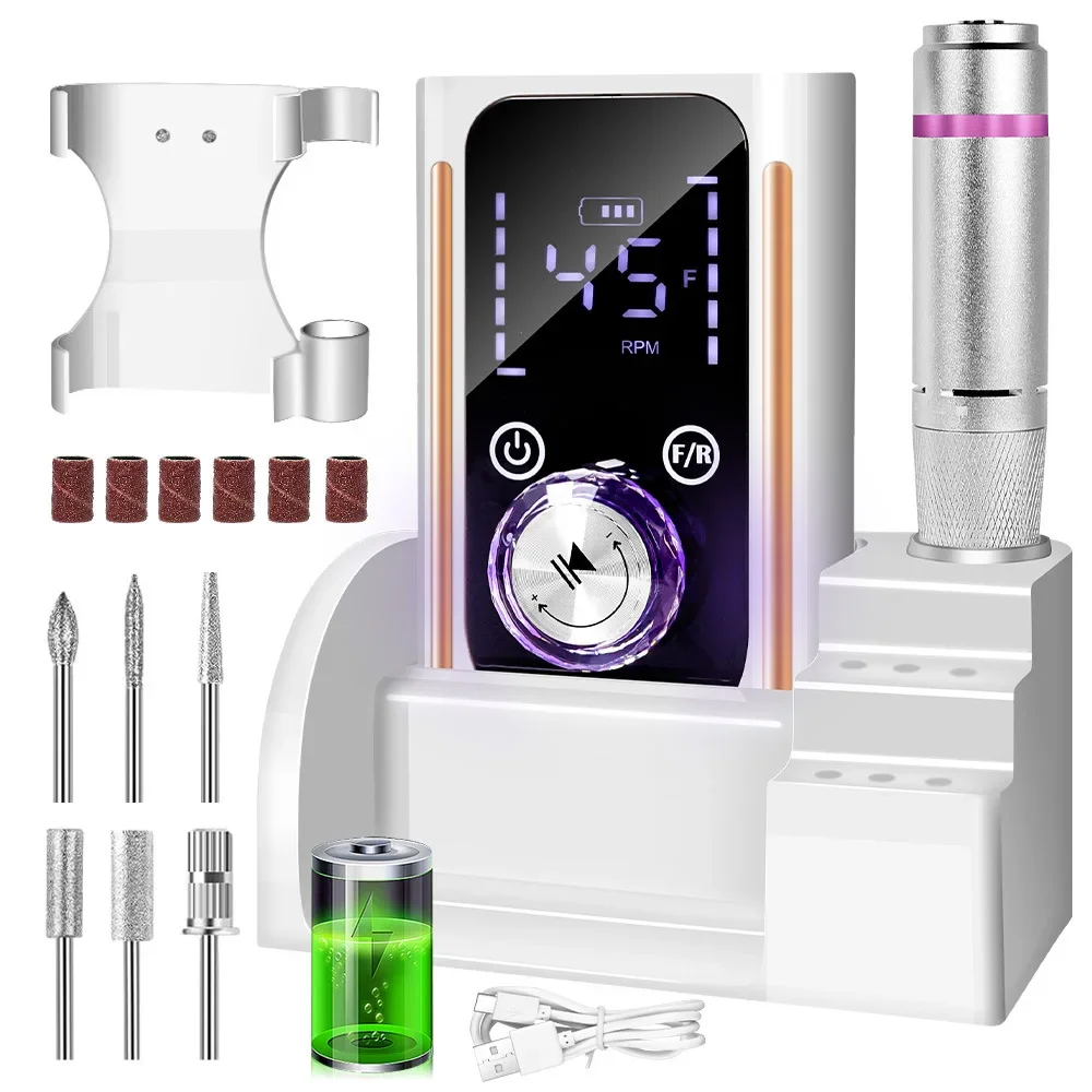 2024 Original 45000 U/min wiederaufladbare Nagelbohrmaschine mit LCD, geräuscharm, professioneller Nagellack, Schleifer, Nägel, Zubehör-Set Image