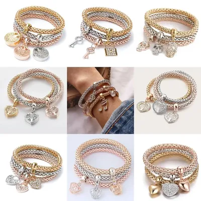 3-Color Women's Fashion Elastic Corn Chain Heart Pendant Bracelet Set, Suitable for Date, Travel, Party, Festival Dress Gifts