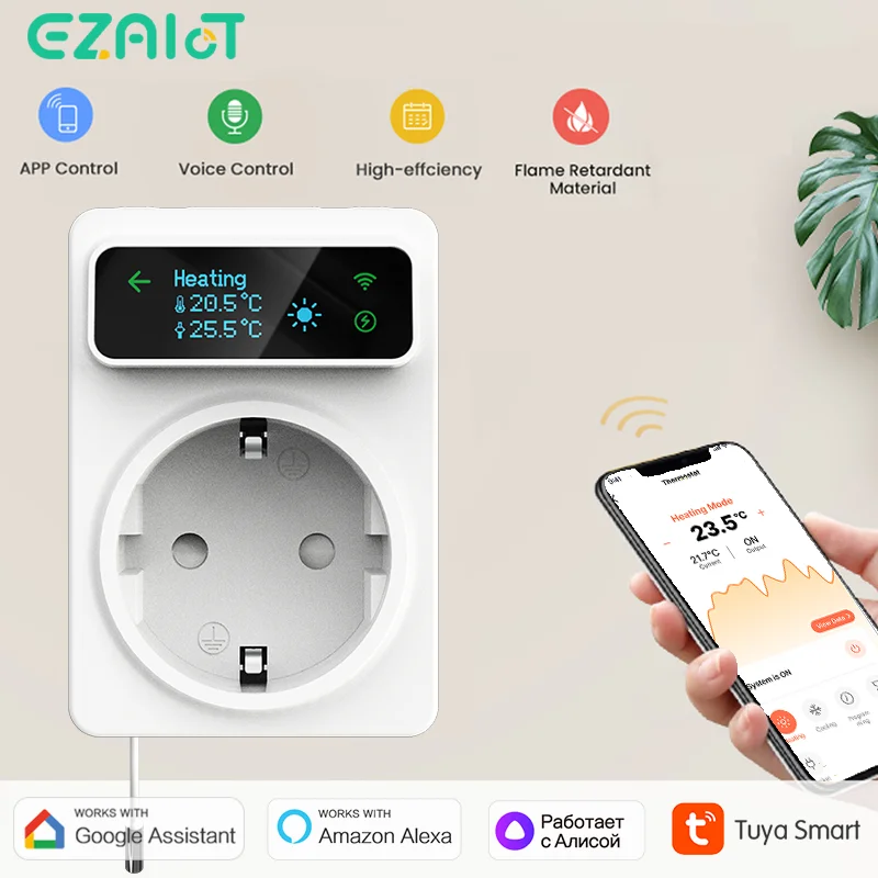 WiFi Kühlung Heizung Temperatur Controller Stecker Tuya Smart Timer Drahtlose Thermostat Steckdose Mit Sensor Stimme Alexa Google Image