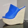 LAIGZEM Frauen Plattform Keile High Heels Peep Toe Pantoletten Kunstleder Slip On Handgemachte Damen Schuhe Frau Plus Größe 39 43 45 47