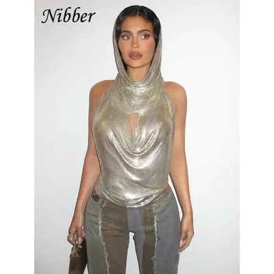 Nibber Sexy Shiny Two Piece Women Halter Backless Low-cut Vest+Headgear Fashion Slim Party Clubwear Cropped Navel T-shirt